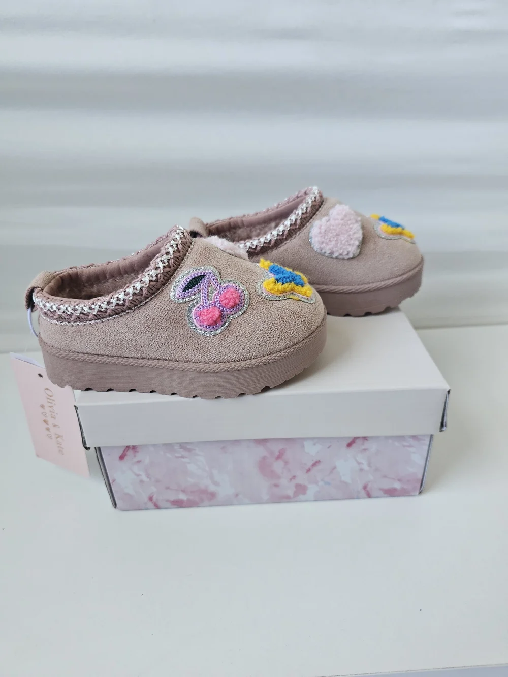 Olivia & Kate Girls Blush Multi Butterfly Cherry Slippers Mules Size 6 NIB